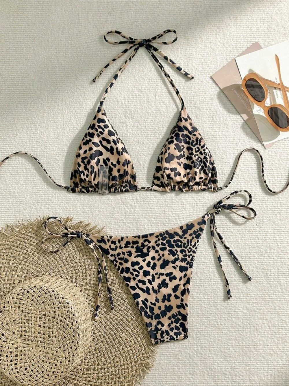Multicolor Sexy Women's Leopard Print Lace Trim Halter Bikini Set
